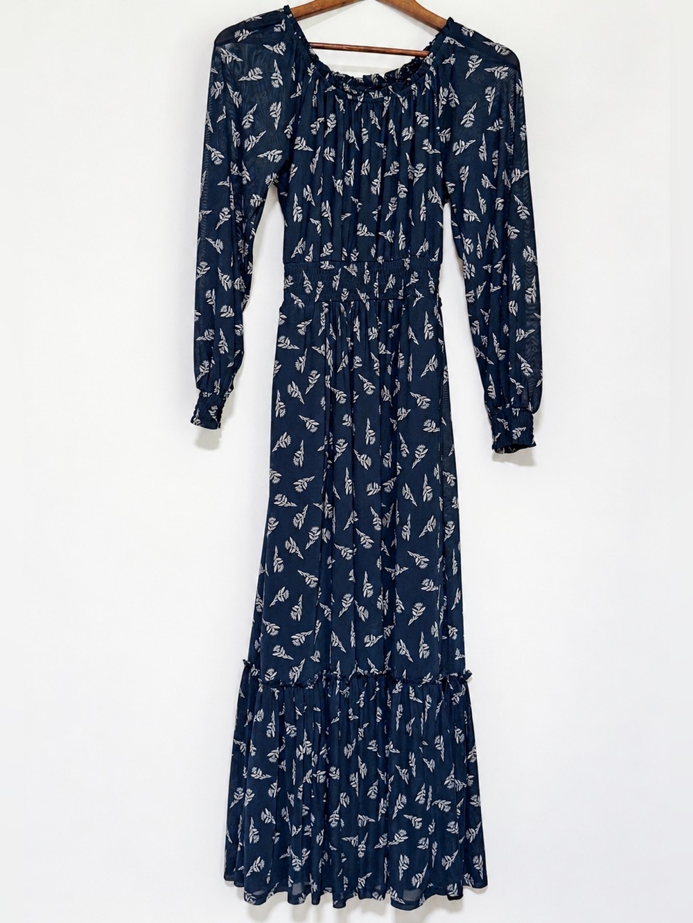 Knox Rose Navy Botanical Maxi Dress XS Sheer Long Sleeve Smocked Waist Pockets